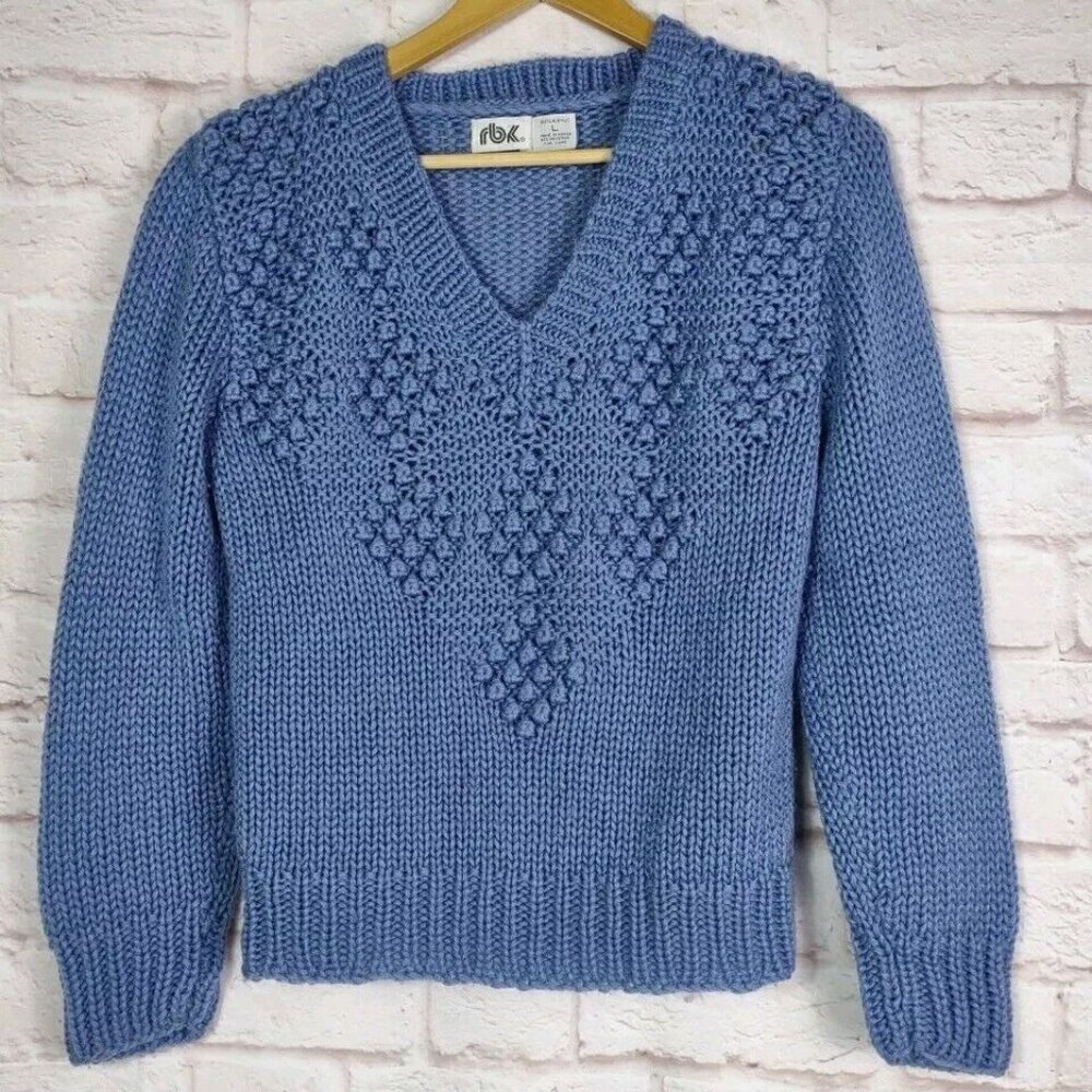 VTG RBK Women's Large Periwinkle Blue V-Neck Sweater Baubles 80s Retro Korea